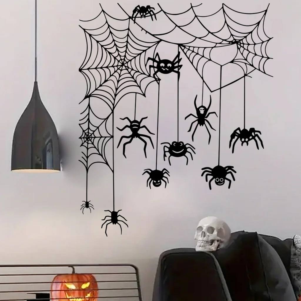 Halloween Wall Sticker Spooky Halloween Door Topper Wall Sticker Set Witch Ghost Black Cat Spiderweb Pumpkin Window for Festive view 6