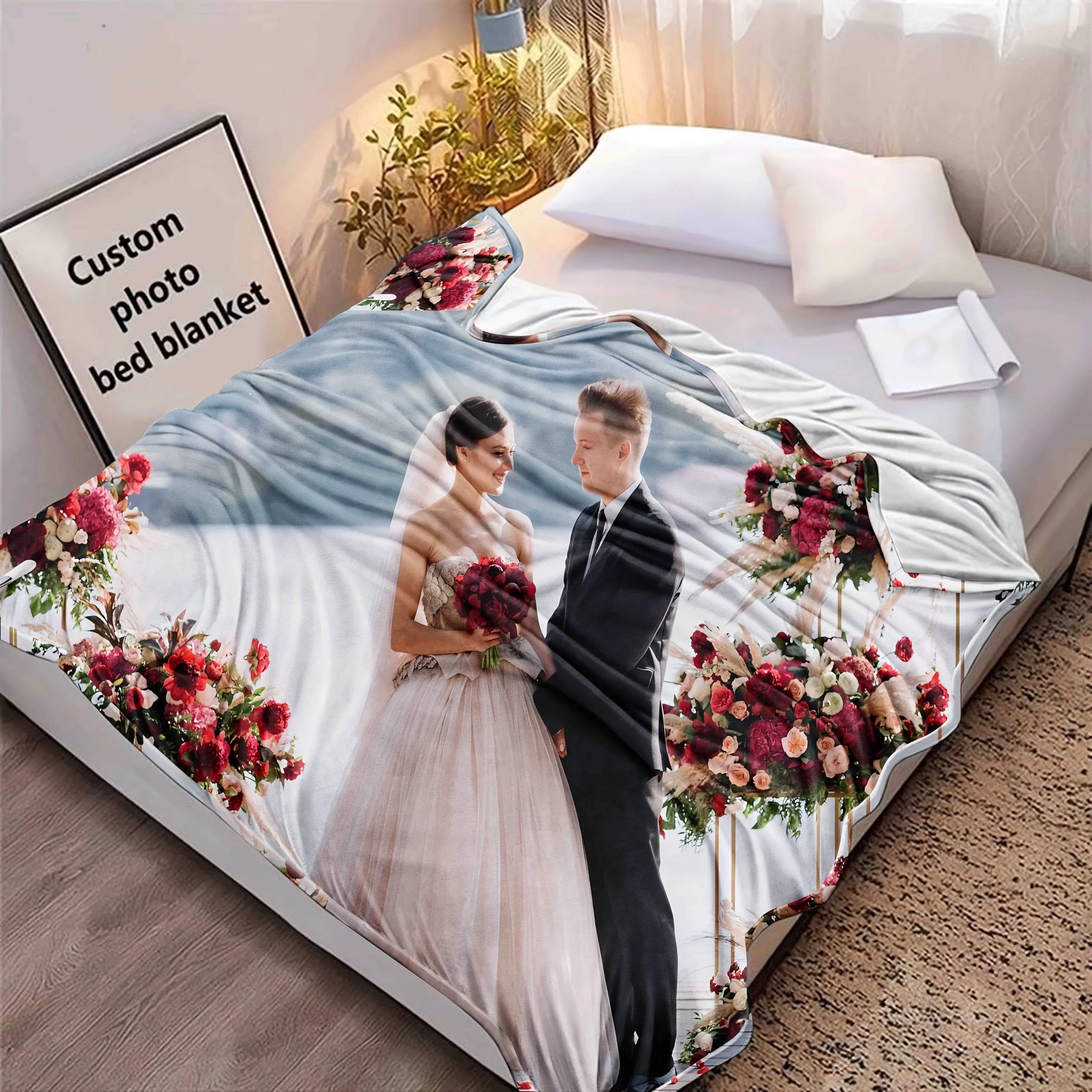 Custom Photo Blanket Personalized High-Quality Print Soft Flannel Fabric Contemporary Style for Home Decor Wedding Gift Blanket
