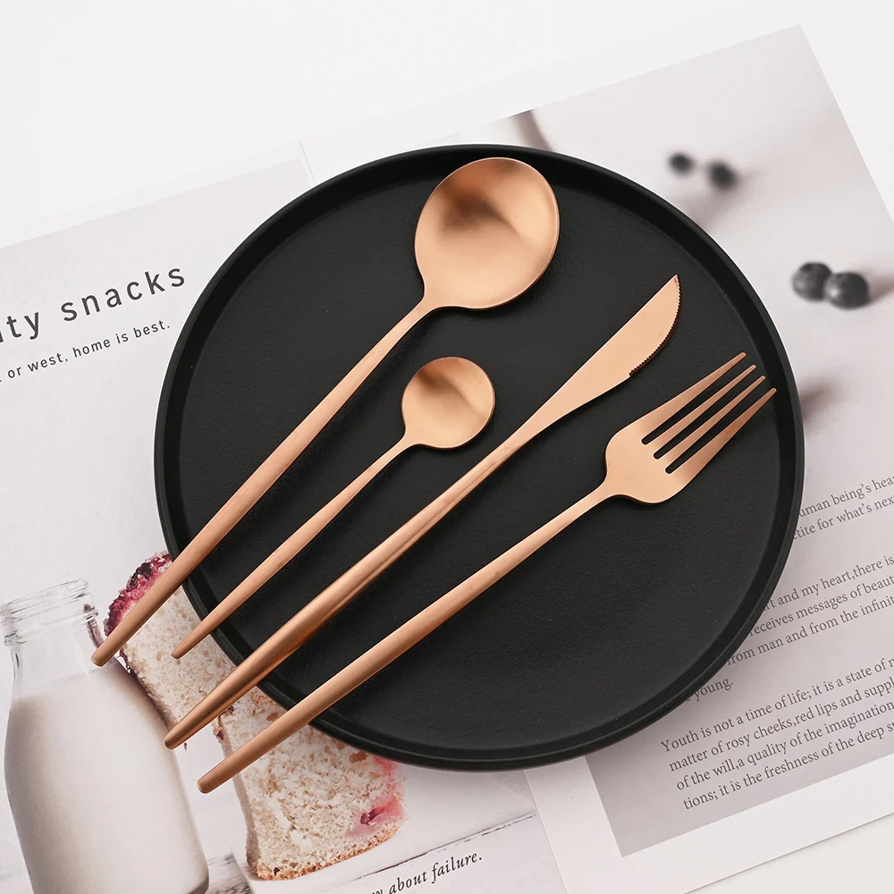 16Pcs Dinnerware Set Stainless Steel Tableware Matte Dinner Rose Gold Cutlery Set Knife Fork Coffee Spoon Flatware Kitchen Set