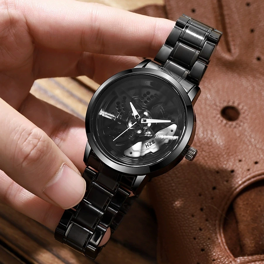New Fashion Man Rotate Watches For Men Car Wheel Hub Stainless Steel Quartz Watch Mens Military Sport Hollow Watch Reloj Hombre