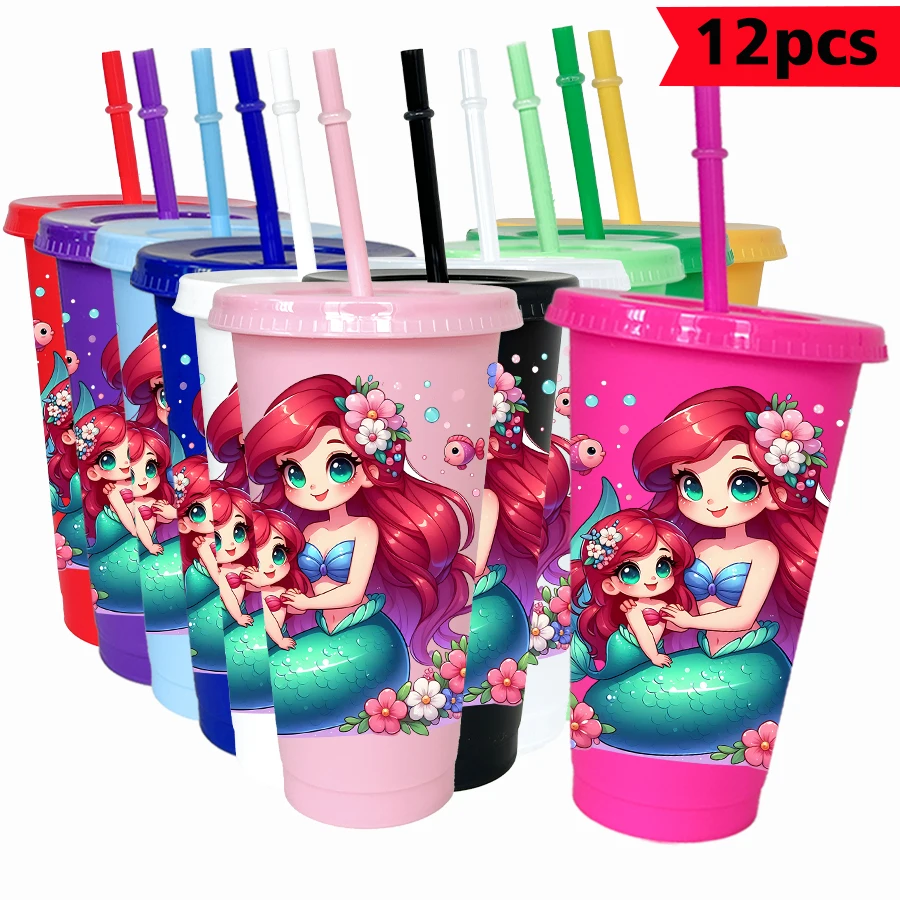 

12pcs/pack Disney mermaid flower 26oz multicolor plastic water cup party drinkware birthday/back to school gift