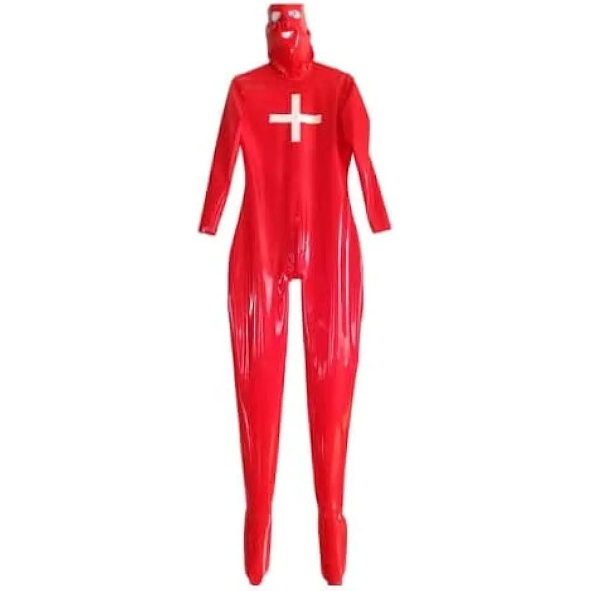 100% Natural Latex Catsuit Mask Latex Women Red Full Cover Suit with Socks and Zipper