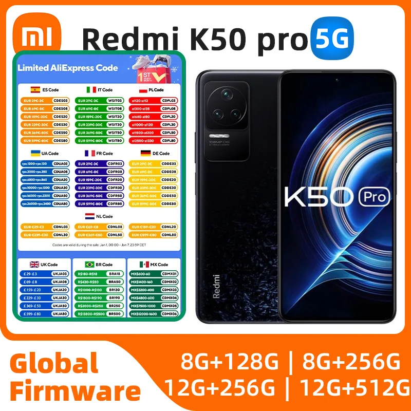 Xiaomi Redmi K50 Pro 5G Global ROM MTK Dimensity 9000 2K OLED layar lurus 120W pengisian daya Cepat 108ois kamera ponsel bekas