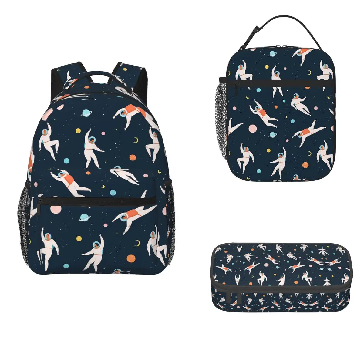 Space Adventure Pattern With And Astronaut Explore Backpacks Bookbag School Bags Rucksack Lunch Bag Pen Bag Three-Piece Set