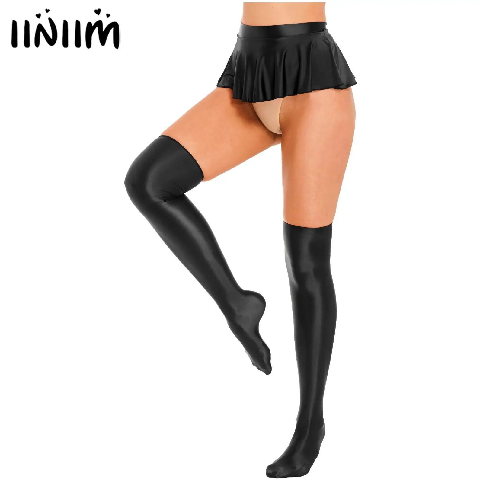 

Womens Glossy Ruffled Skirt Rave Outfit Low Rise Miniskirt for Pole Dancing Bikini Bottoms Cover Ups with Thigh High Stockings