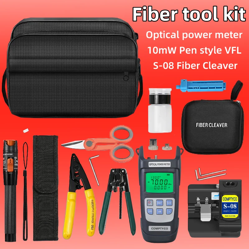 

FTTH Fiber Optic Tool Kit With S-08 Fiber Cleaver 10mw Visual Fault Locator Fiber Stripper Aramid Scissors Optical Power Meter