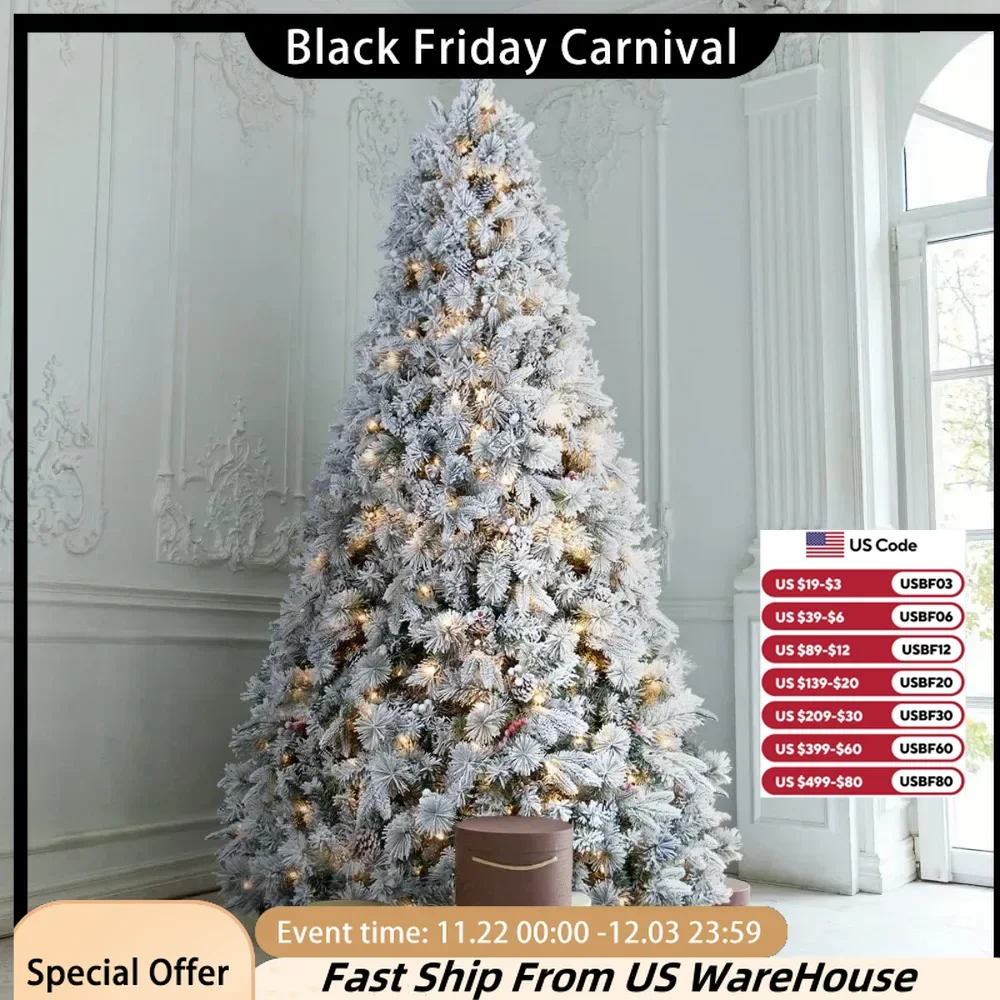 9ft Christmas Tree with Lights, Pre-Lit 700 Warm Lights with Pinecones Red Berries Holiday Decor Christmas Decor 2024