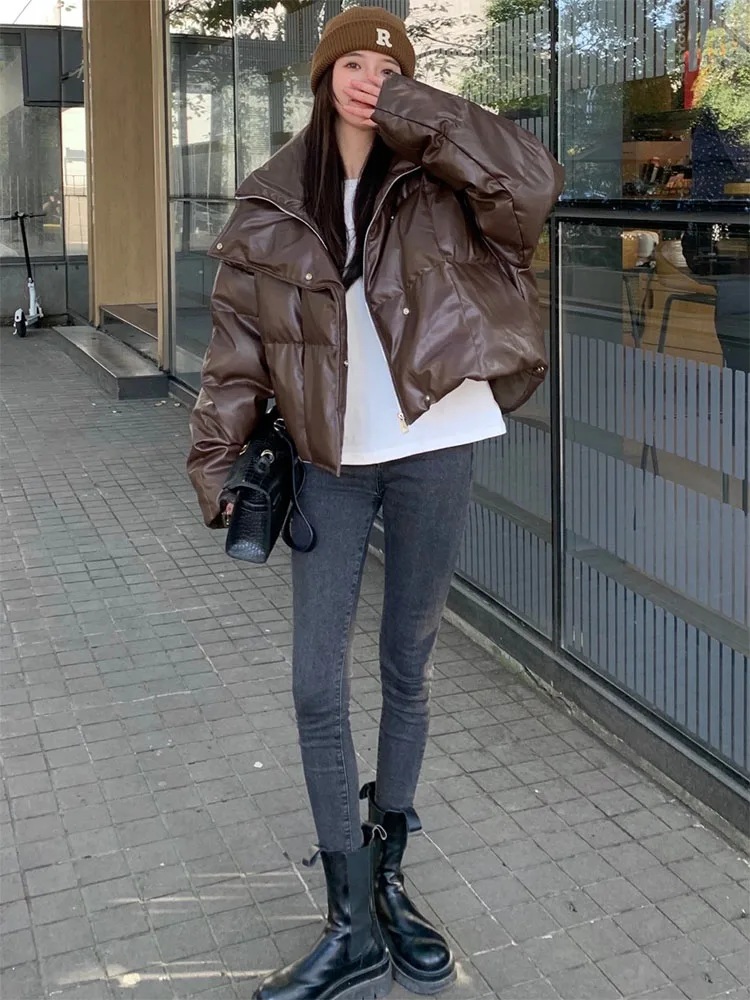 Pu Parkas Women Retro Design Streetwear Fashion Ulzzang Personality Winter Thick Leisure Minimalist Pure Loose Ladies All-match