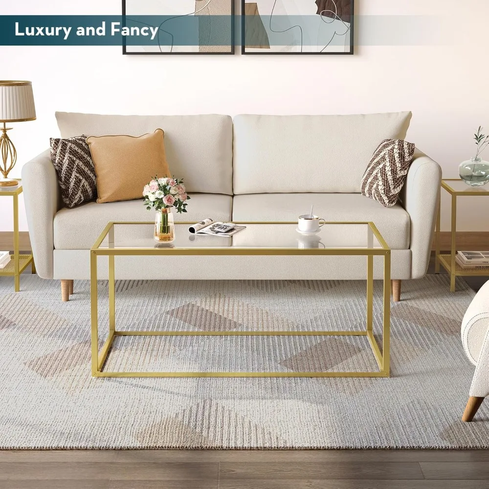 Gold Coffee Table Glass Coffee Tables Modern Rectangular Center Table Simple Minimalist Sofa Table for Living Room Home Office,