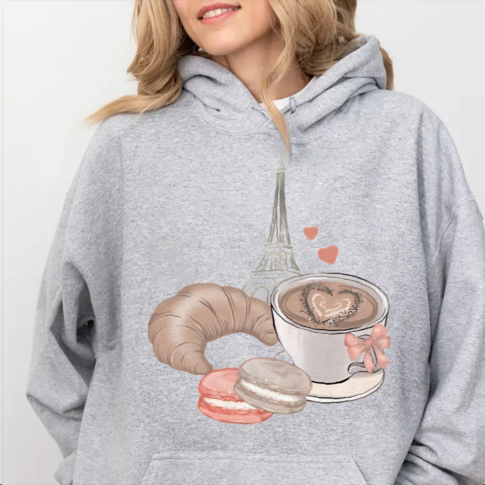 

Hoodie French Pastries and Coffee Print Gourmet Parisian and Cozy Y2k Graphic Hoodie Soft Fabric for Café-Themed Casual Looks