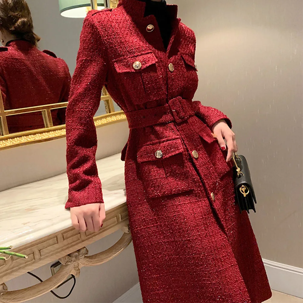 Autumn Winter Office Lady Dress Temperament Red Tweed Coat Women Suit Collar Pockets Belt Waist Long Plaid Woolen Blends Jacket