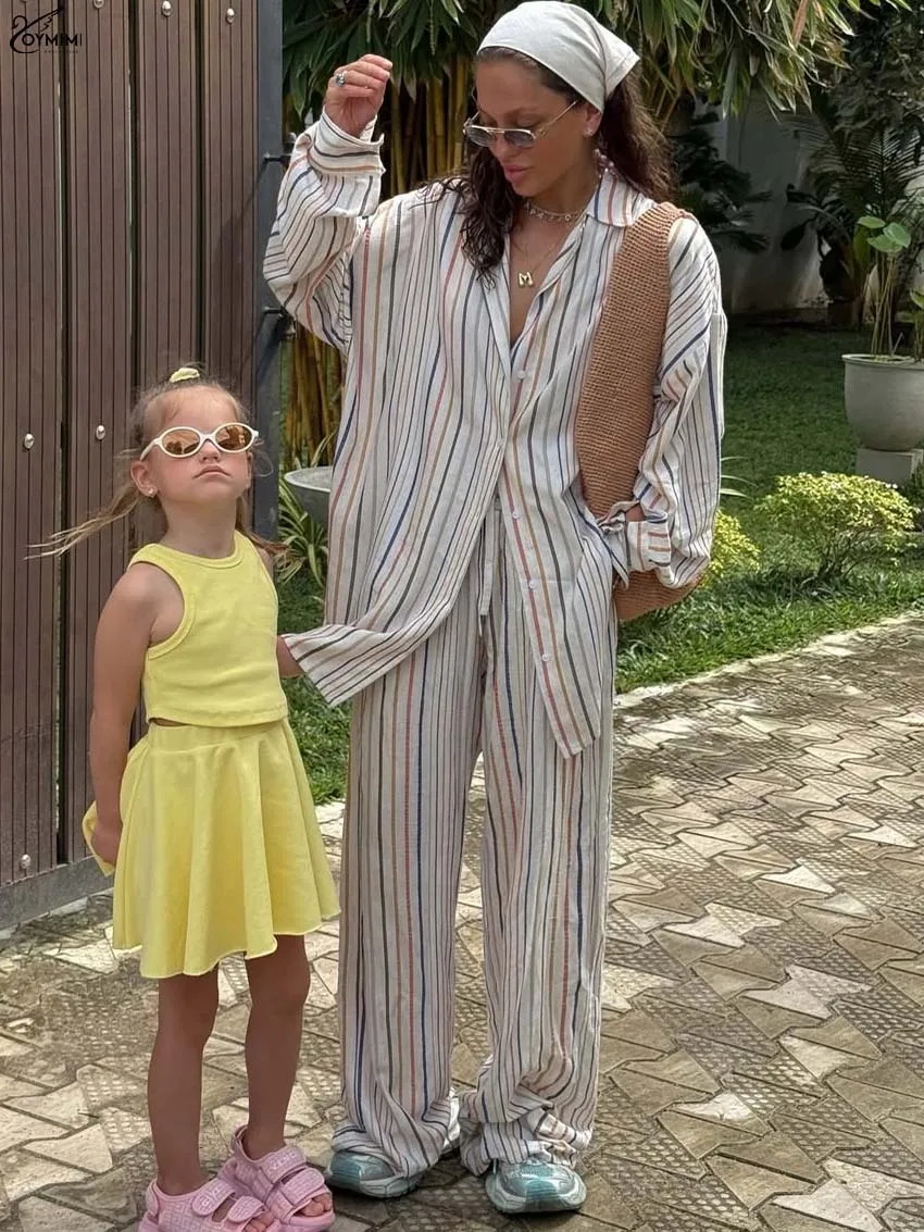 Oymimi Casual White Print Woman 2 Piece Set Outfit Fashion Long Sleeve Single Breasted Side Slit Shirts And Drawstring Pants Set