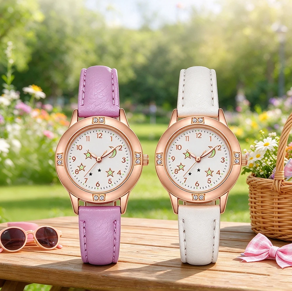 New Star Moon Quartz Children Watches for Girls Cute Rhinestone Rose Gold Case PU Leather Strap Wristwatch Kids Women Clock