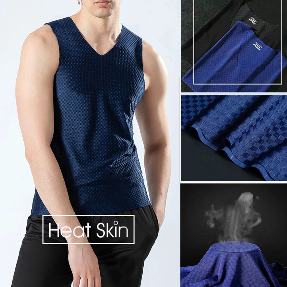 Men\'s Ice Silk Thin Vest Quick-Drying Mesh Tank Tops Breathable Sports Slim V-Neck Sleeveless T-Shirts Summer Cooling Tank Vest