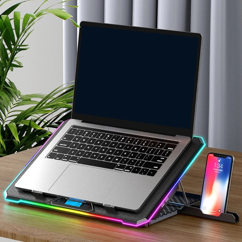 Durable Laptop Cooling Pad Ergonomic Design Laptop Cooling Fan Stand Bracket with RGB Lights Quiet Fans Easy to Carry Dropship