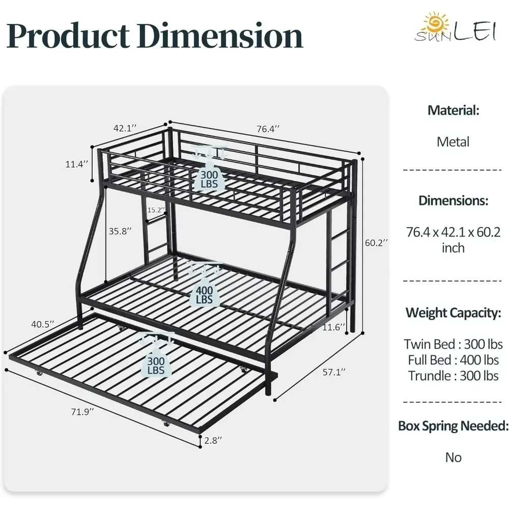 Metal Bunk Bed Twin Over Full, Loft Beds with 2 Secured Ladders, Trundle Bed Twin with Daybed, Space-Saving Bed Frame