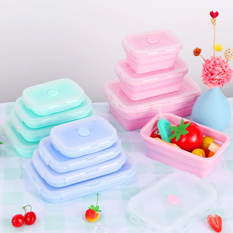 

4 Pcs Silicone Collapsible Food Storage Containers with Lids Silicone Lunch Box Bento Box BPA free for Kitchen Pantry