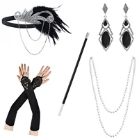 5pcs 1920 Makeup Ball Black and White Earrings Female Gatsby Single Party Feather Head Wearing Gloves Smoke Rod Necklace