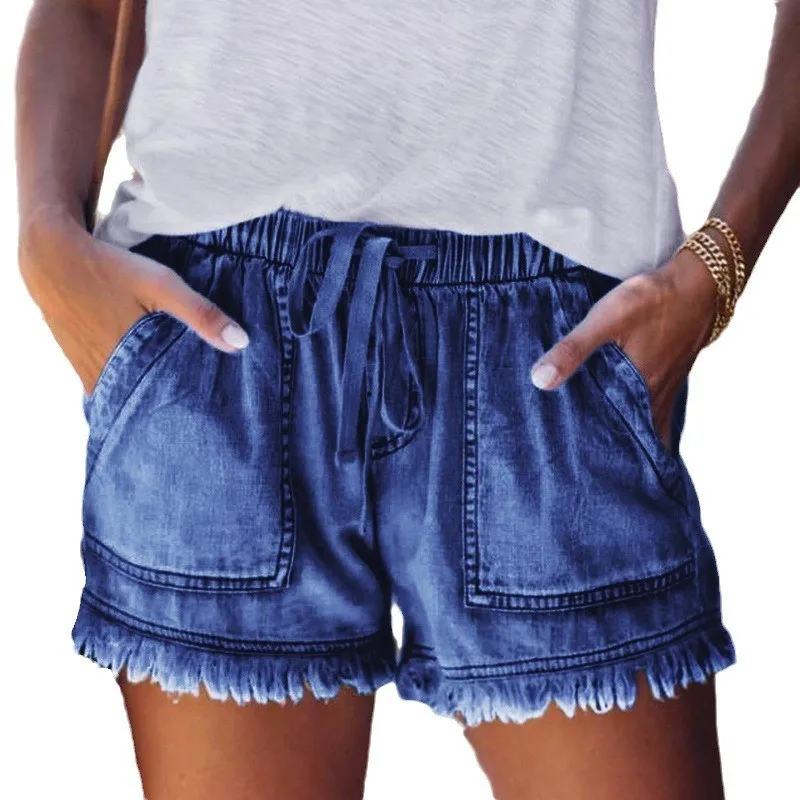Jean Shorts for Women's Drawstring Elastic Waisted Casual Denim Shorts with Pocket Tassel Hem Soft Summer Trendy Loose Jeans