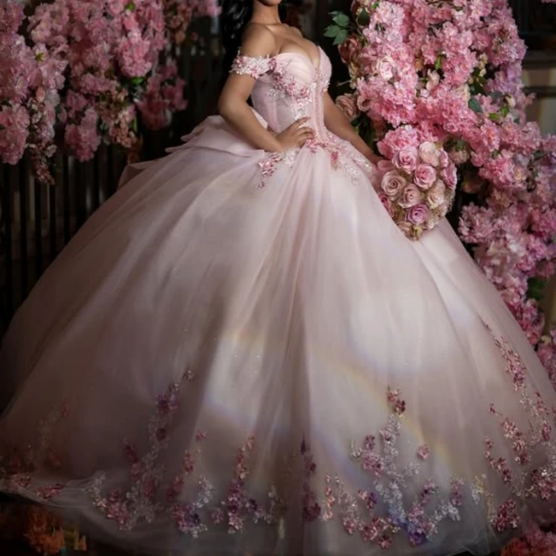 

Розовое блестящее платье принцессы Sweet 16, платье Quinceanera, платья с аппликацией, кружевными бусинами, тюлевые платья для вечеринки, дня рождения, 15 De Anos