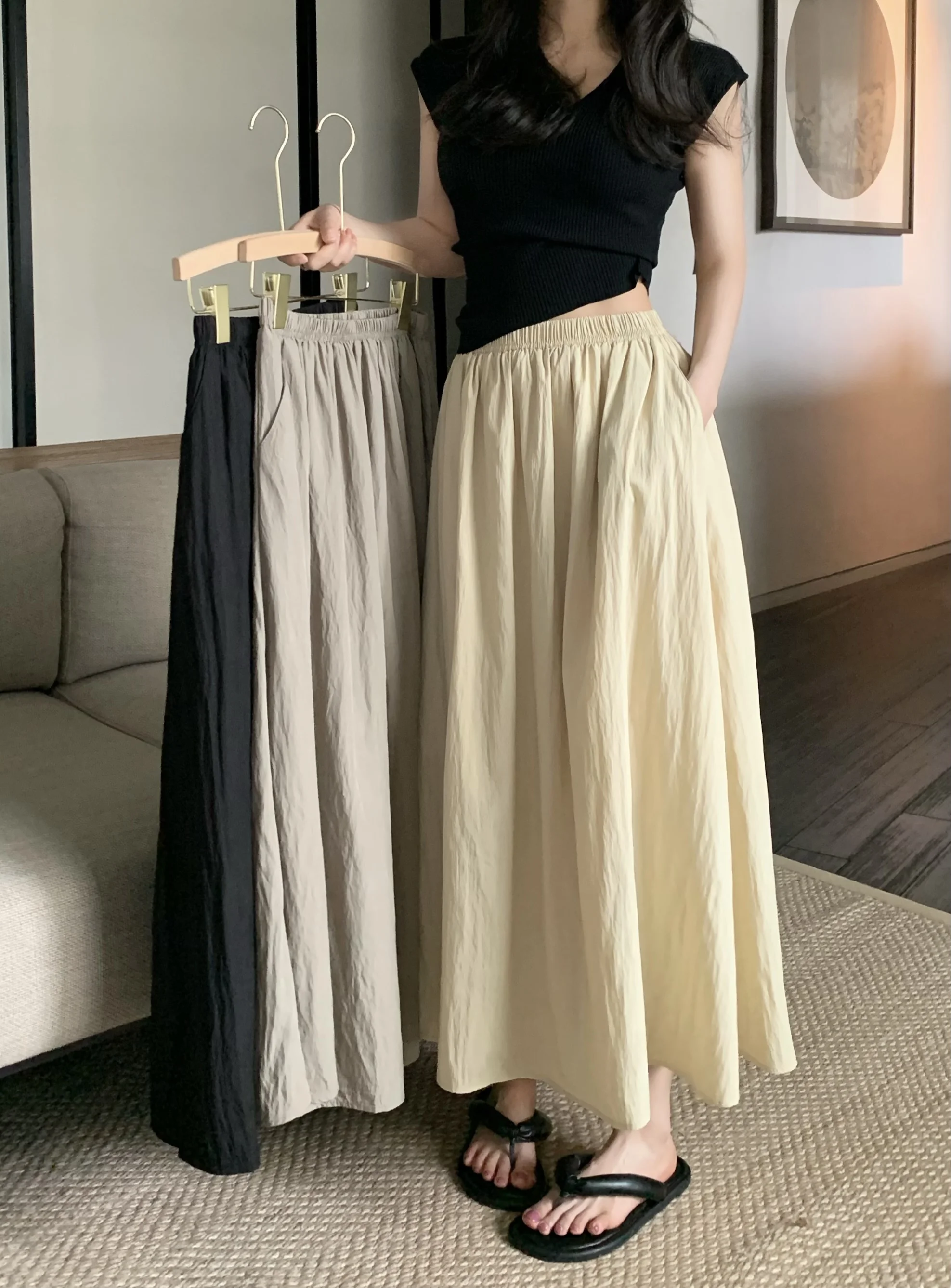 

3Colors Midi Skirts Women High Elastic Waist Long Skirts For Womens Fashion 2024 Summer Women's Pleated Skirts(JzA071