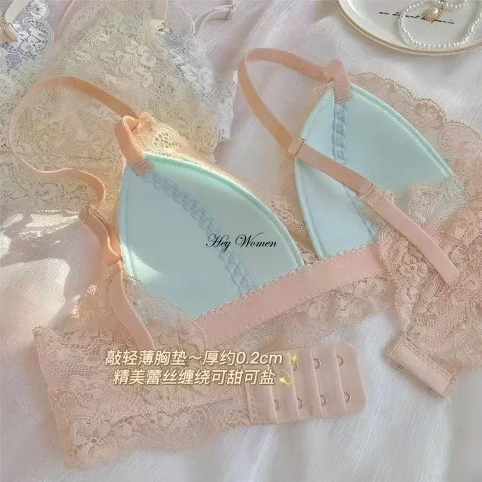 French Lace Bra Triangle Cup No Steel Ring Bralette with Chest Pad Sexy Women Thin Pad Brassieres Summer Breathable Underwear