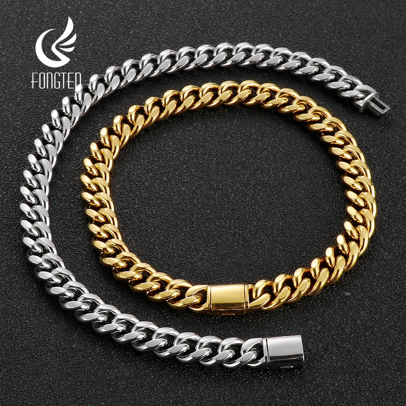 Fongten Curb Men Charm Bracelet Necklace Stainless Steel Cuban Link Chain Jewelry Set For Men Hip Hop Gold Silver Color Jewelry