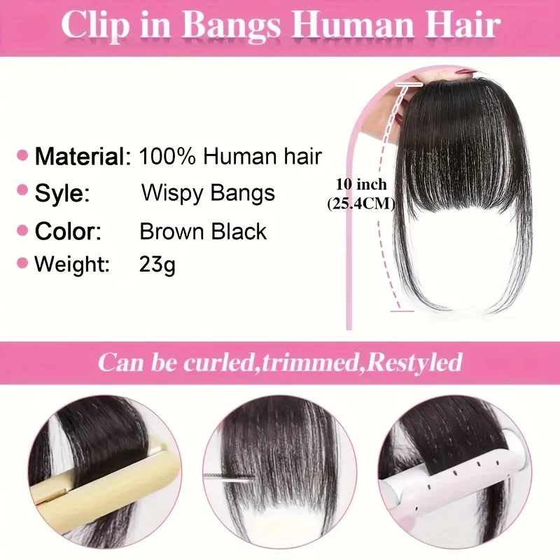Dark Brown Black Clip In Bangs 100% Human Hair Bangs Wispy Ligth Black Brown Clip In Bangs Fringe with Temples Real Human Hair F