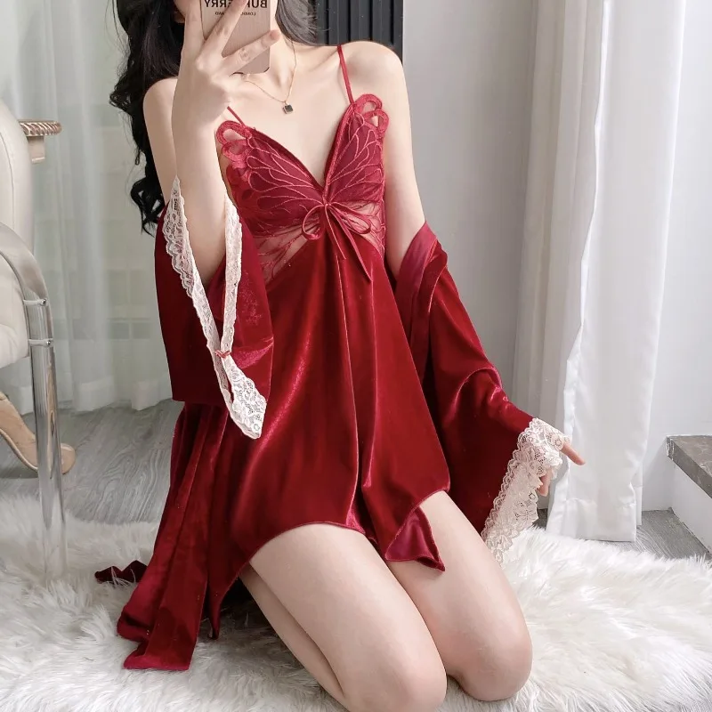 Sex Appeal Look Slimmer Pajamas Bra Pad Women Canary Velvet Spring and Autumn and Winter Two Sets of Nightdress and Robe