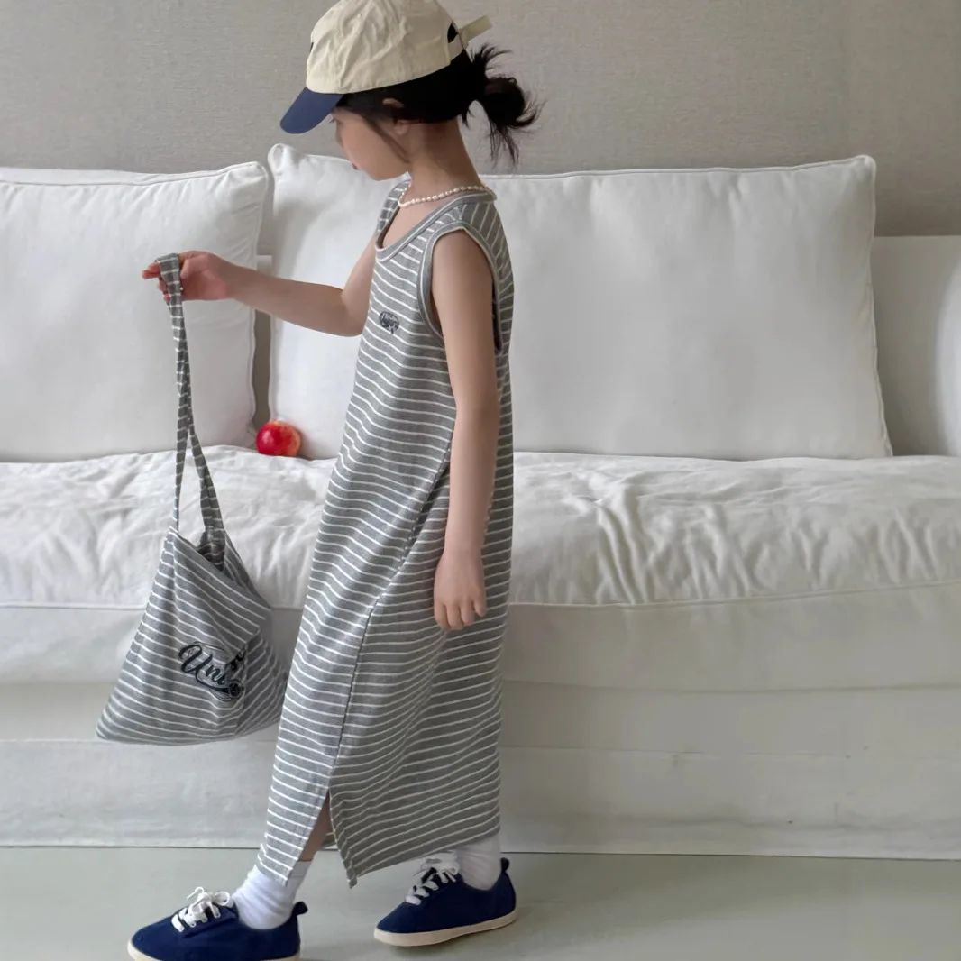 

Летнее детское платье в полоску для девочек, муслиновое вязаное платье без рукавов для маленьких девочек, свободное тонкое длинное платье для маленьких девочек, бесплатная сумка с буквами