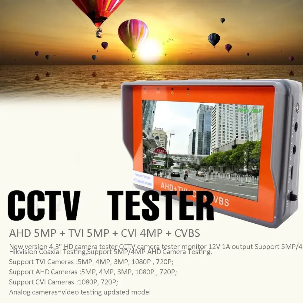 

Tester Monitor 4.3 Inch HD AHD CCTV5MP 1080P AHD TVI 4MP CVI Analog Camera Testing PTZ UTP Cable Tester 12V1A Output