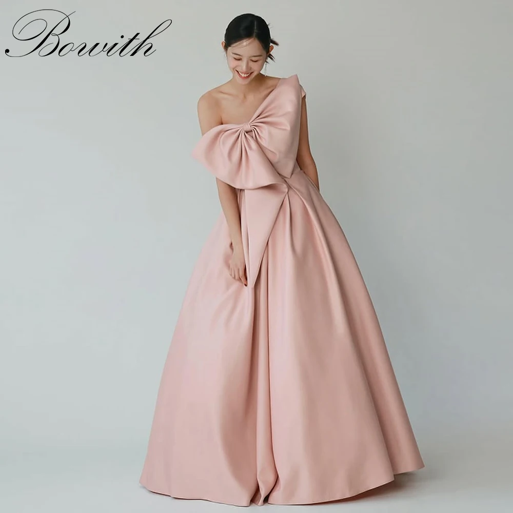 

Bowith Pink One-Shoulder Prom Dress Big Bow A-Line Evening Dresses Simple Elegant Korean Evening Party Dresses パーティードレス