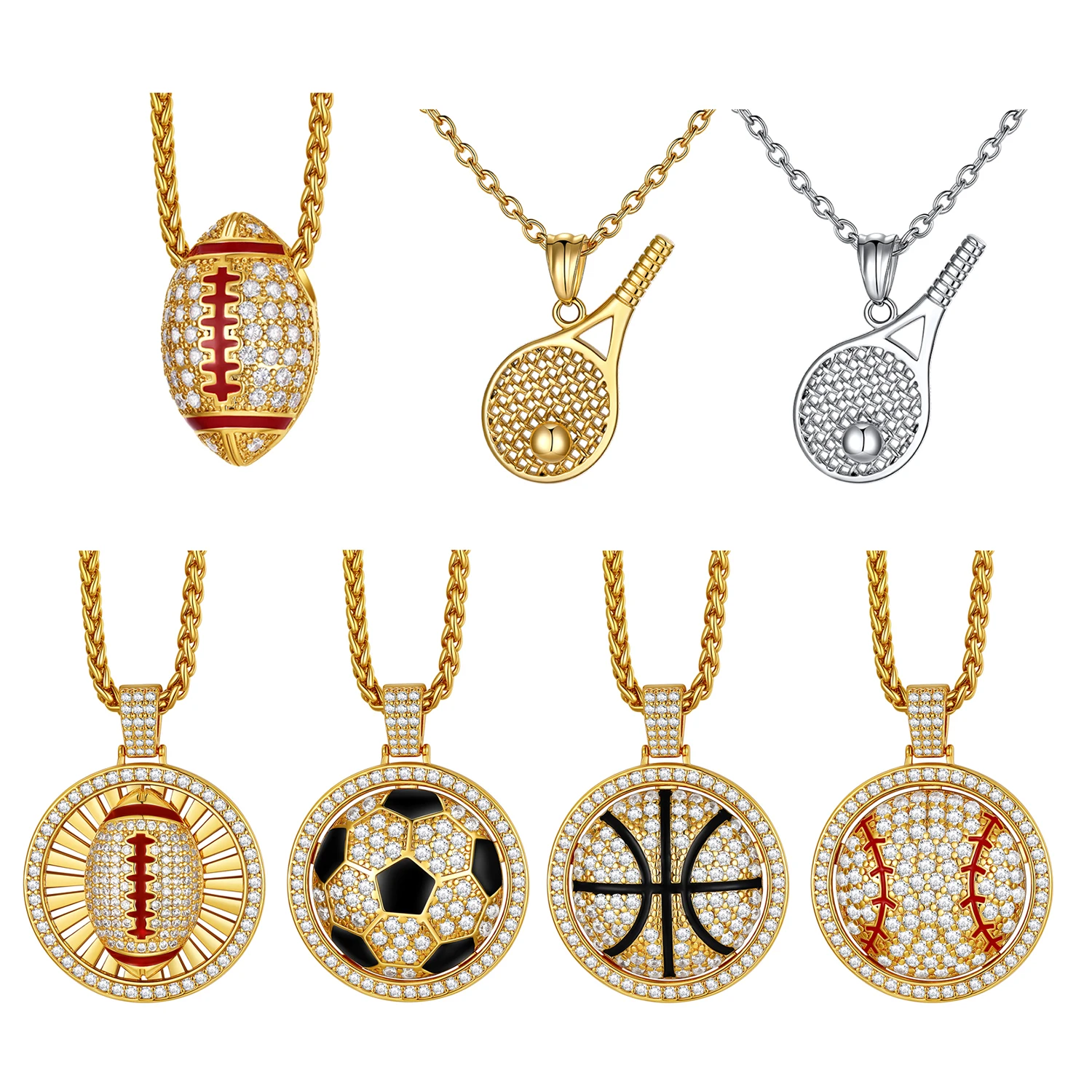 U7 Sport Necklaces for Man Woman CZ Rubby Soccer Basketball Baseball Tennis Racket Ball Pendant Jewelry Gift for Sports Lover