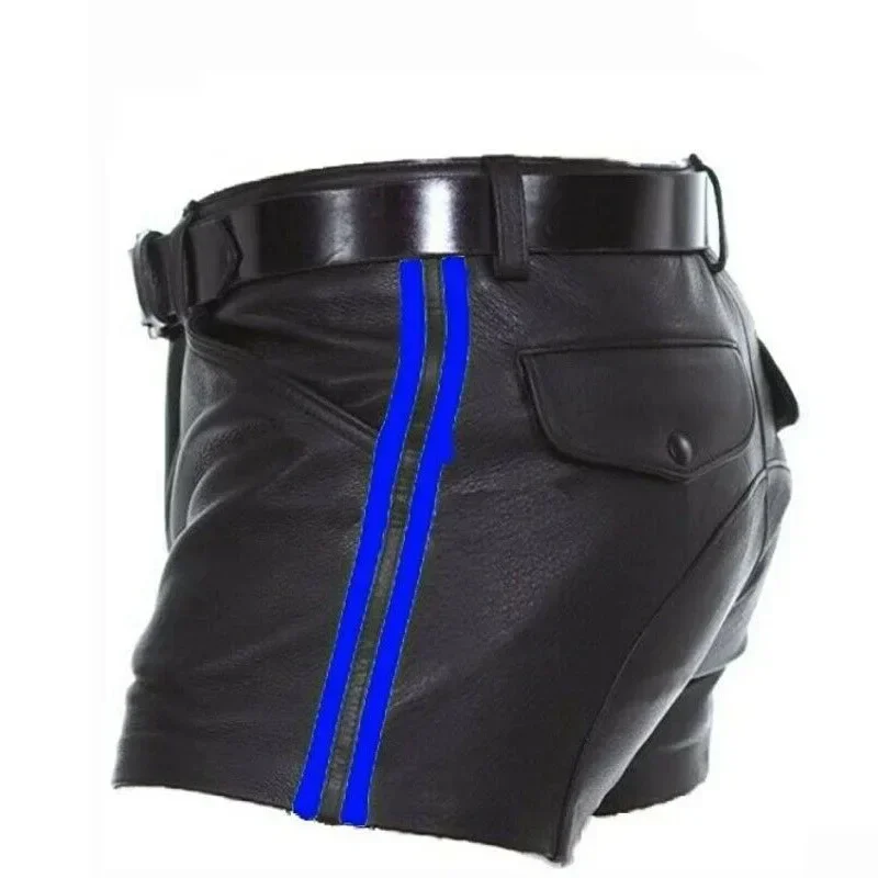 Herren-Shorts aus Kunstleder, schmal geschnittene kurze Hosen mit seitlichem Streifen und Gürtel, modische Hosen für Herren, geeignet für Nachtclubs und Partys. – Detail 3
