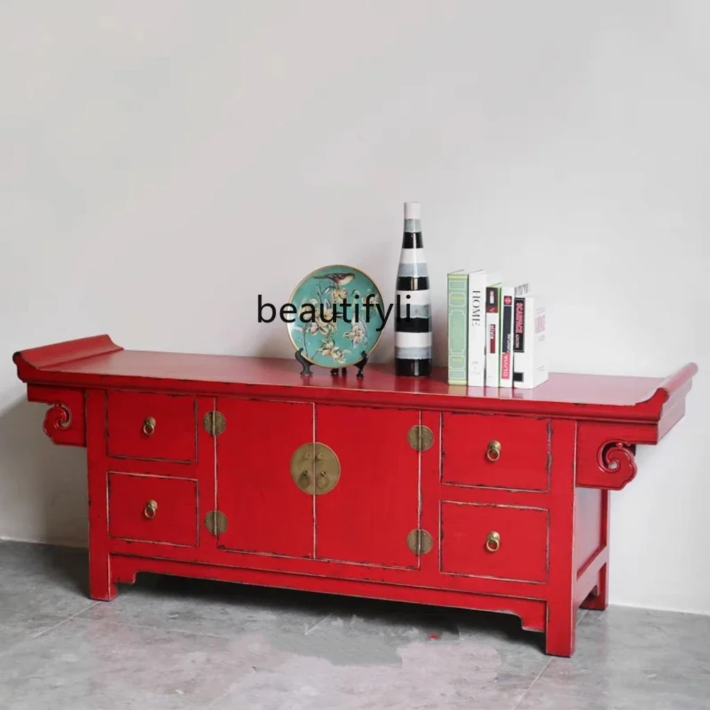 

A57 Chinese solid wood warped head living room TV storage cabinet painted floor cabinet retro video decoration cabinet