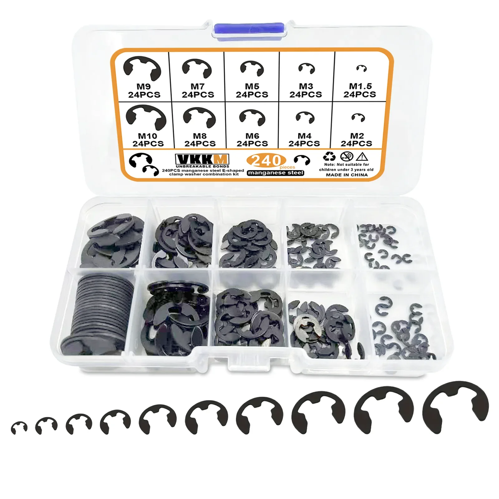 240-piece Carbon Steel E-clip Set M2-M10 (1.5mm - 10mm), Snap Ring Series Product. Spring Washer, Precision Part.