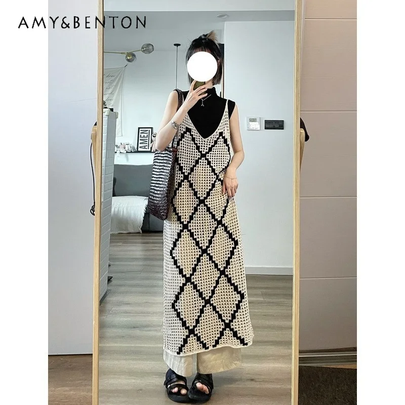 

2025 Japanese Summer Bohemian Retro Stacked Woven Hollow French V-neck Suspender Long Dress For Women