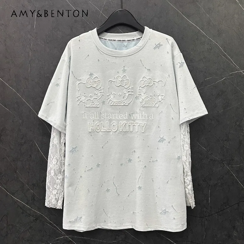 

Новинка лета 202, Y2k, футболка из двух предметов с героями мультфильмов, женская свободная повседневная универсальная милая футболка, кавайная одежда, милые футболки, пуловер