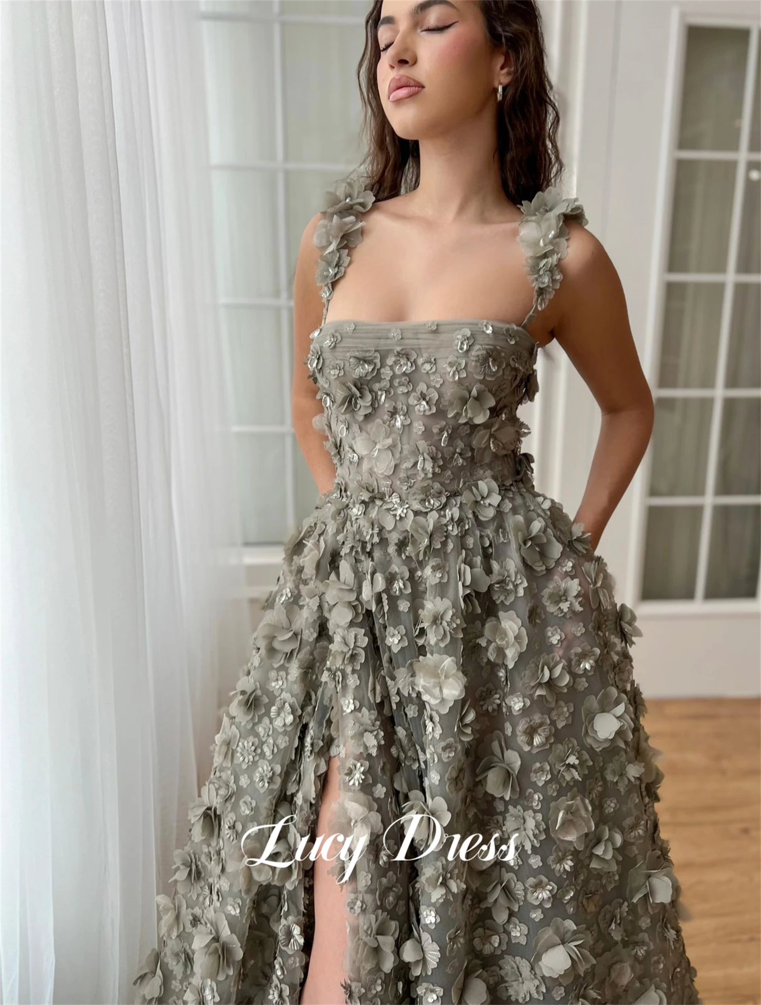 Lucy Ball Gown Grey Line A Three-dimensional Flower Fabric Evening Dress Graduation Elegant Party Dresses for Women 2024 Long