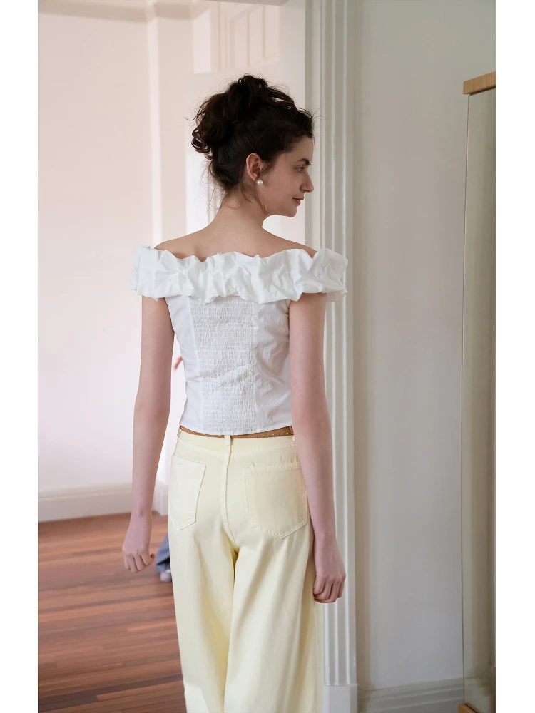 

White Lace Trim One oulder Oxygen Feeling Slim Fit irt Romantic French Sle ort Sve Pure Color Top for Women