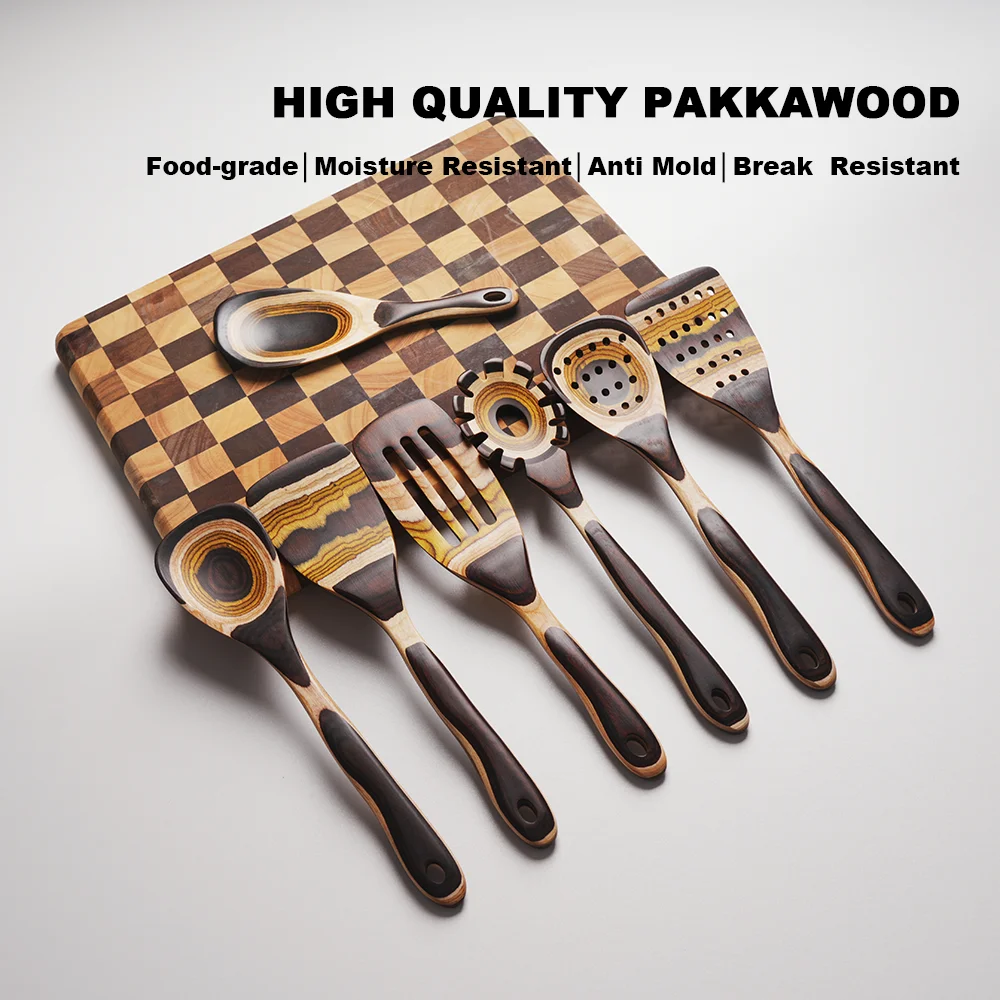 IK Pakkawood Kitchen Utensils Set of 7 Heat Resistant Long Handle Cooking Tools with Spatula Spoon Baking Tools