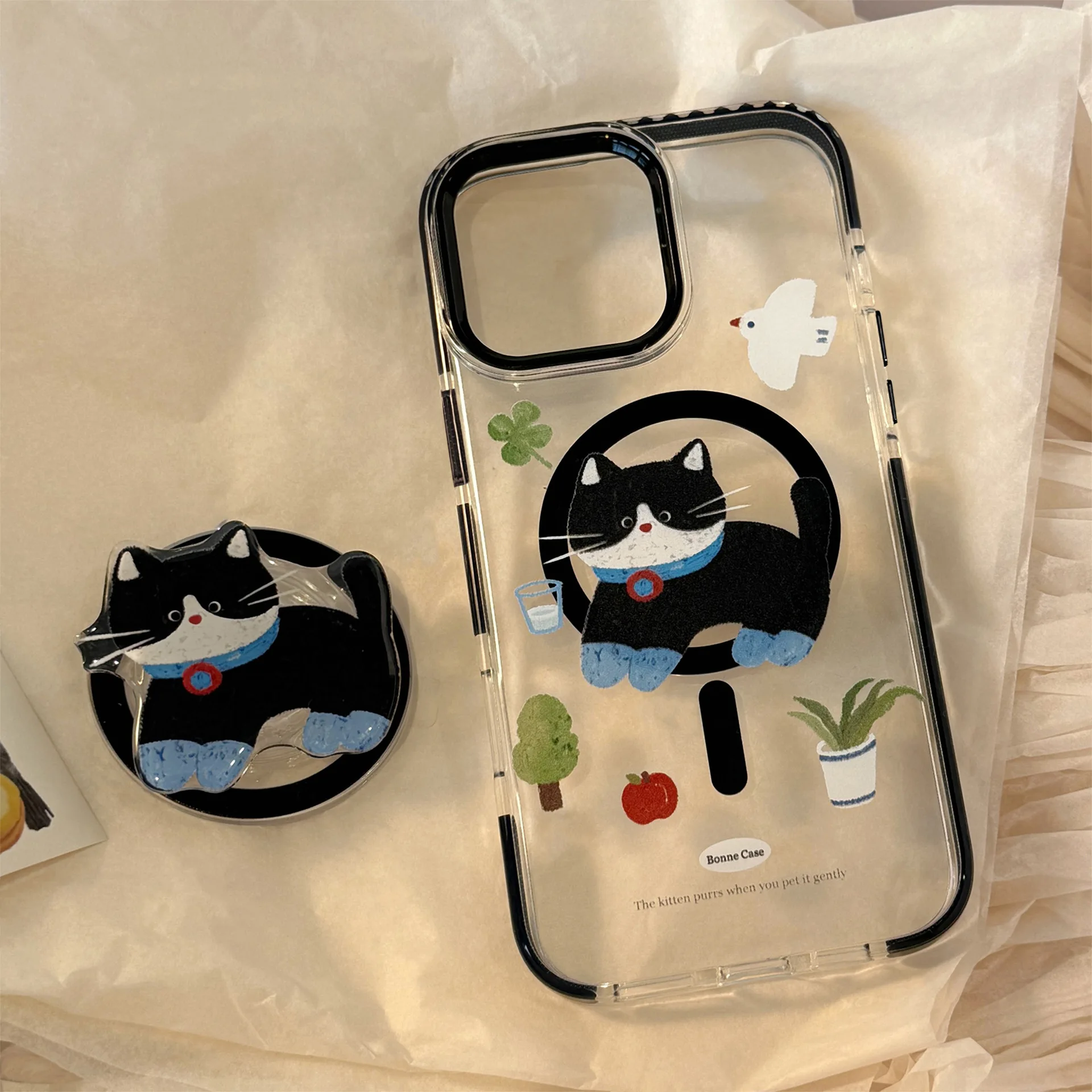 

Magnetic cat bracket is suitable for Apple 16promax mobile phone case iPhone15 children's fun cartoon 14 transparent 13 soft