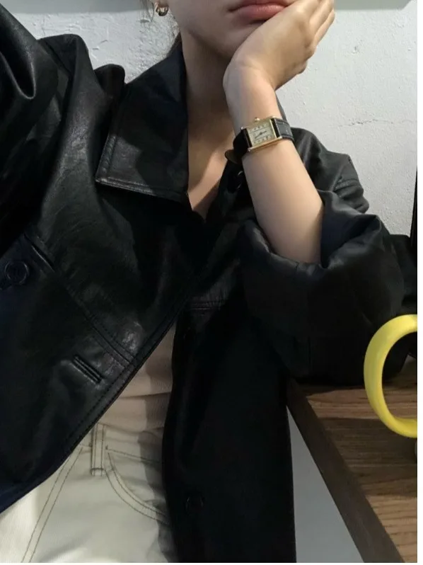 Fashionable Korean Style PU Leather Jacket Women's Long Sleeve Mid-Length Single Button Hong Kong Style Retro Luxury Coat