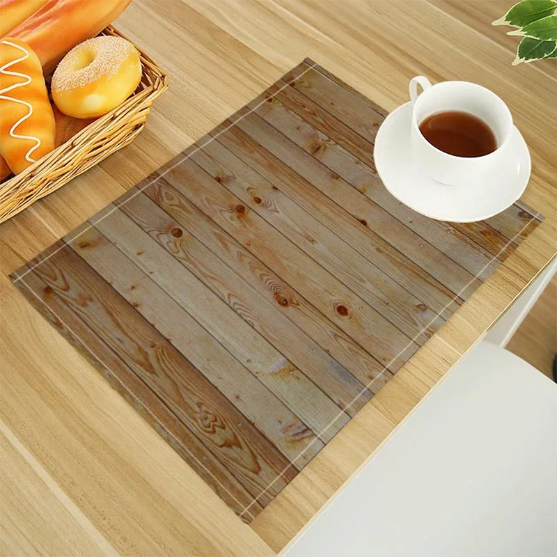 Wood Print Linen Dining Table Mats Alphabet Kitchen Placemat 30X40cm Coasters Pads Bowl Cup Mat