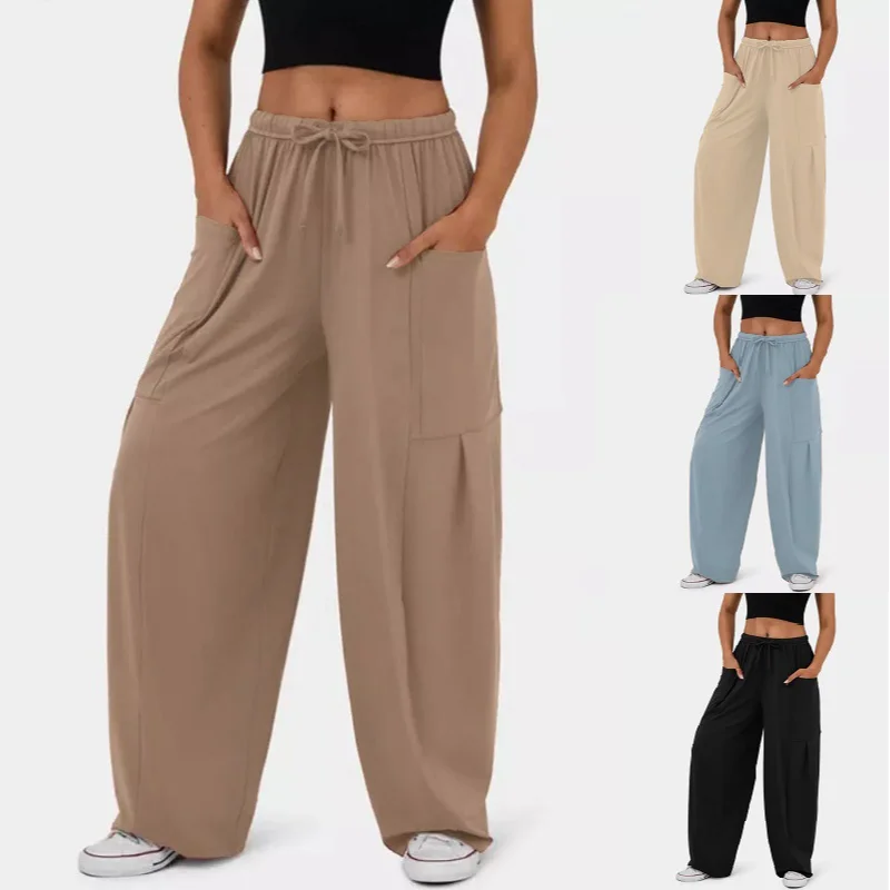

Women's Fashionable Elastic Waist Pleated Wide-leg Pants Pocket High Waist Pants Casual Loose Trousers