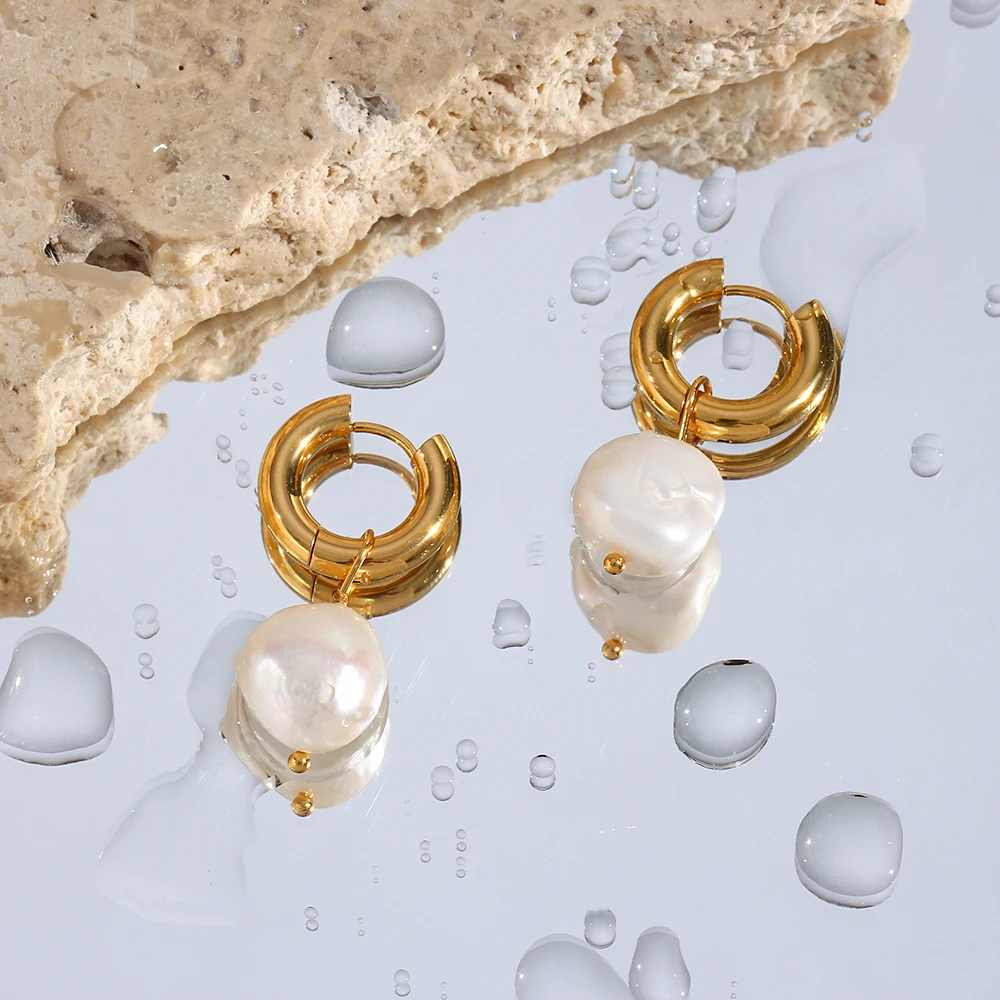 E.B.belle 2024 New Minimalist Waterproof Stainless Steel Jewelry Woman Earring Natural Freshwater Pearl Hoop Earrings For Women