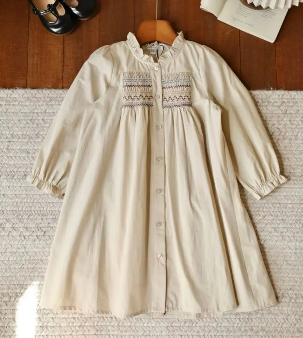 

Весеннее детское платье для девочек с длинным рукавом, однотонное, милое, с вышивкой