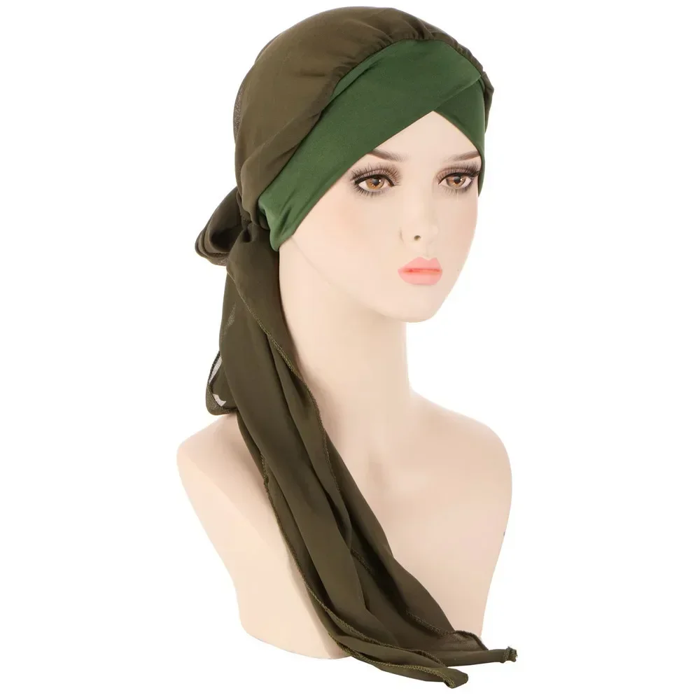 

Fashion Pre-Tied Women Muslim Cross Chiffon Hijab Long Tail Chemo Caps Bonnet Cancer Bandanas Headwrap Femme Headscarf Turbantes