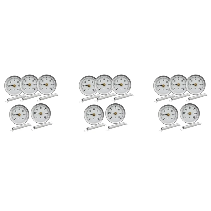 A45U 63Mm Pipe Clip-On Dial Thermometer Temperature Round Plate Gauge With Spring,Range 0-120℃, Aluminum Case, 15Pcs Set