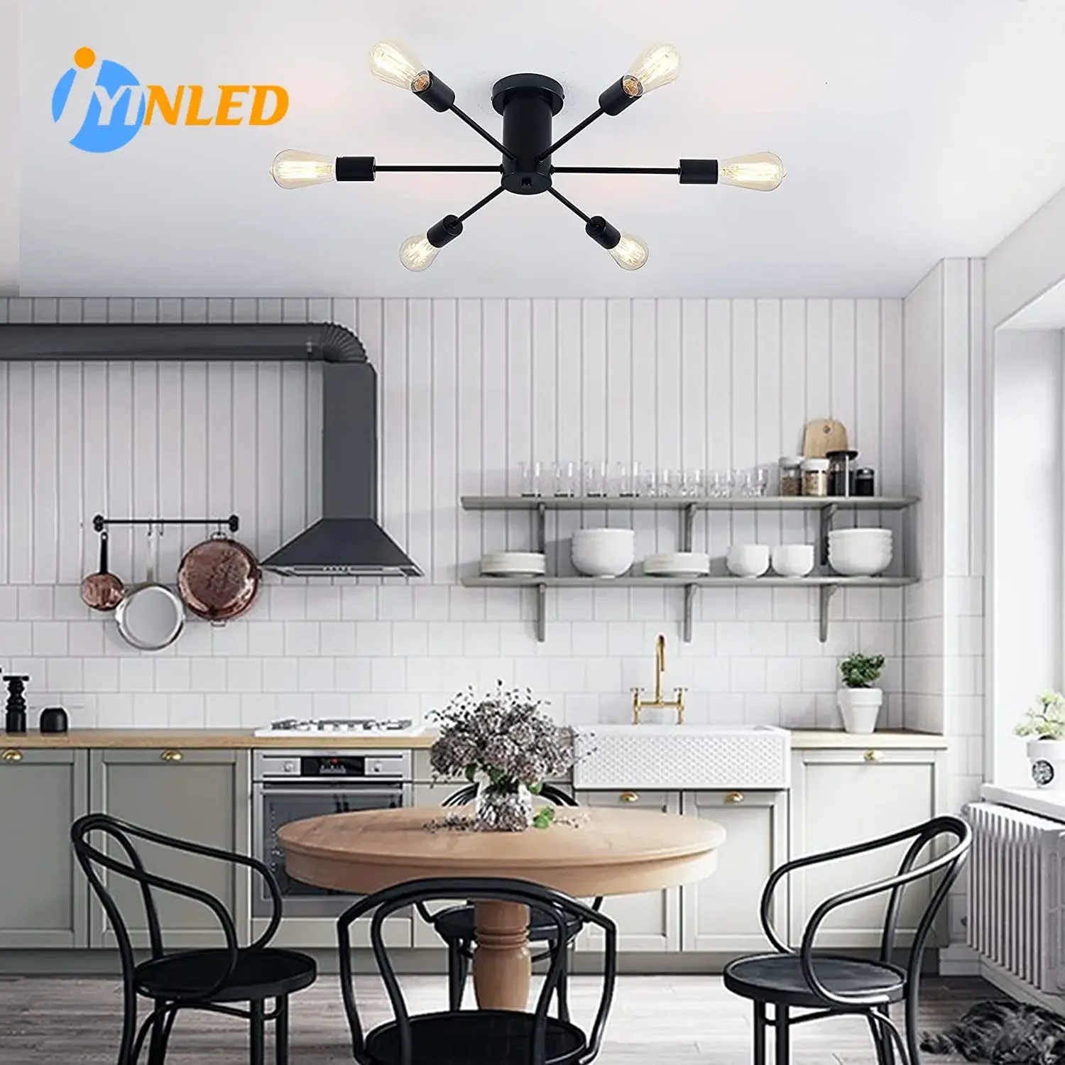 6-Light Semi-Flush Mount Plafondverlichting Keuken Verlichting Messing Goud En Mat Zwart Metaal Plafondlamp Voor Slaapkamer Woonkamer